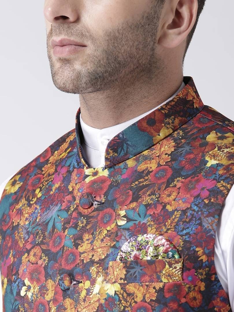 Men's Maroon Viscose
 Printed Nehru Jackets